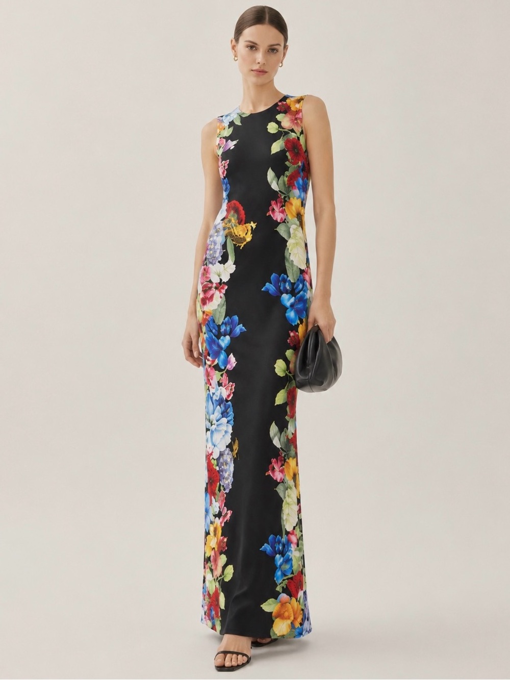 Alice + Olivia Delora Placed Floral Open Back Brunch Black Maxi Dress Size 0